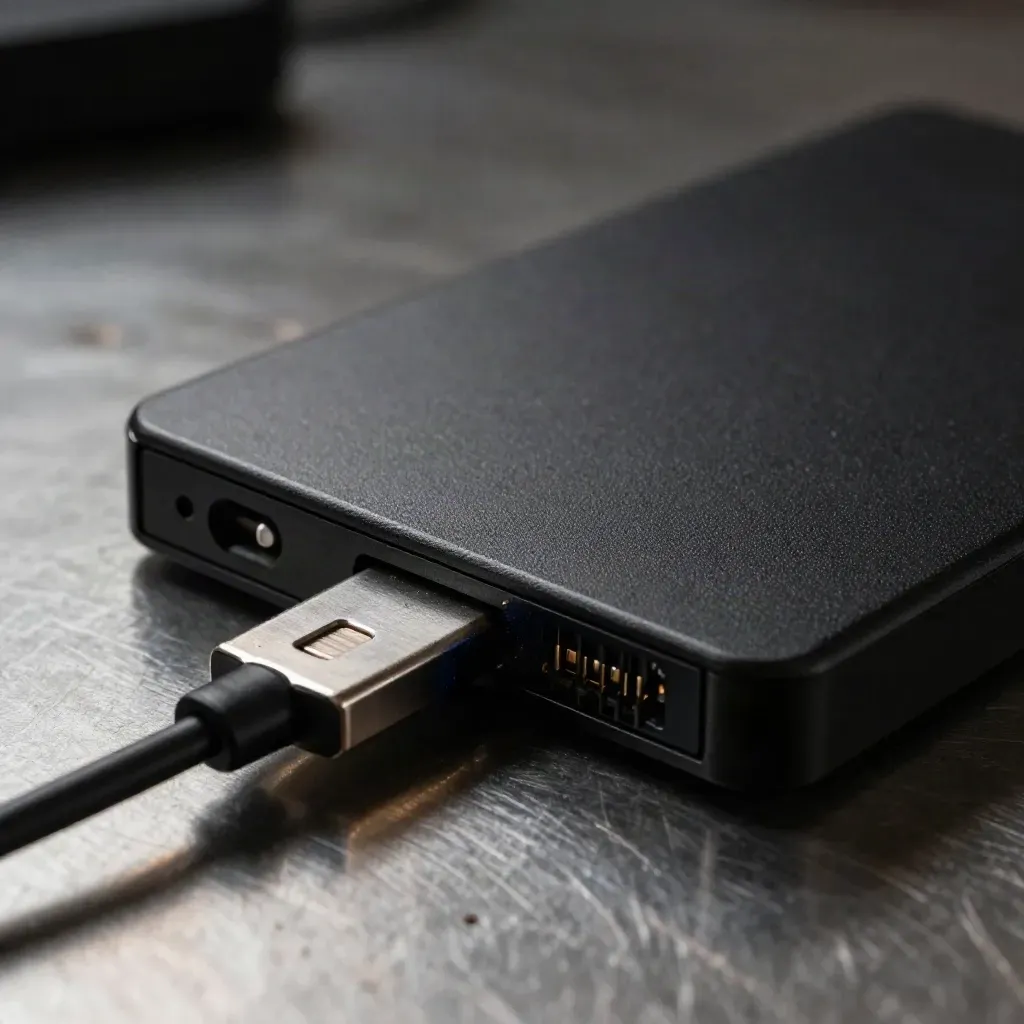 Schwarze SSD, Adapter und Kabelkamm auf gebürstetem Metall im harten Seitenlicht.
