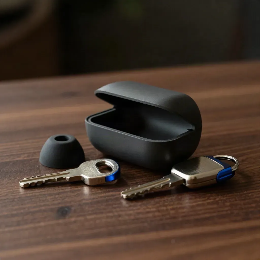 Prototyp-Gehäuse, Silikonpuffer und Metall-Keyfob auf dunklem Walnussholz